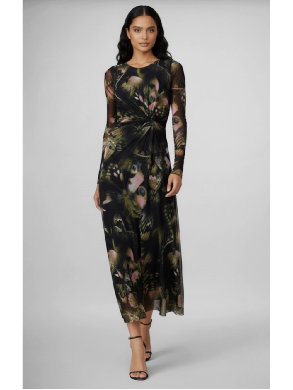 Fuzzi Butterfly Print Long Sleeve Midi Dress